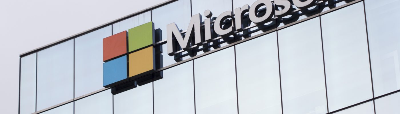 Vancouver, BC, Canada - Oct 13, 2019: The Microsoft logo is seen on the facade of CF Pacific Centre in downtown Vancouver.